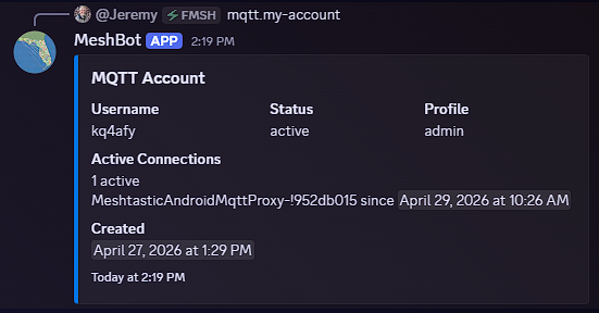 MQTT my-account command over DM with MeshBot